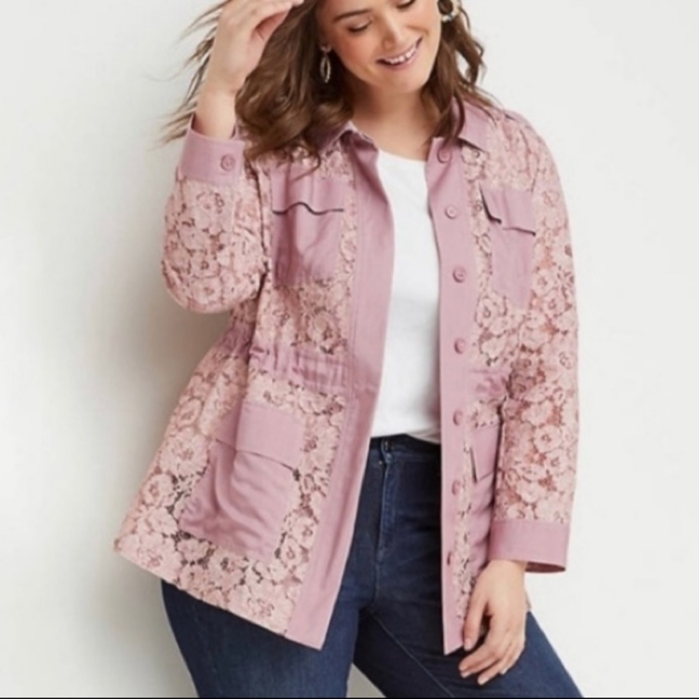 Lane Bryant woodrose longline lace anorak utility jacket size 14 / 16 petite